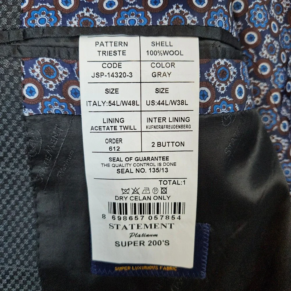 Statement Italy Gray Geometric Windowpane 2-Pc‎ Super 200s Wool 44L 39x30 FLAW